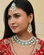 VOJ Gold-Polished White Kundan Stone Studded Choker With Earrings And Maang Tikka Set