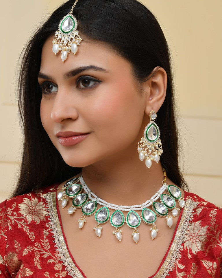 VOJ Gold-Polished White Kundan Stone Studded Choker With Earrings And Maang Tikka Set