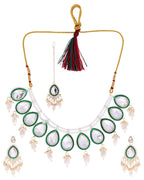 VOJ Gold-Polished White Kundan Stone Studded Choker With Earrings And Maang Tikka Set