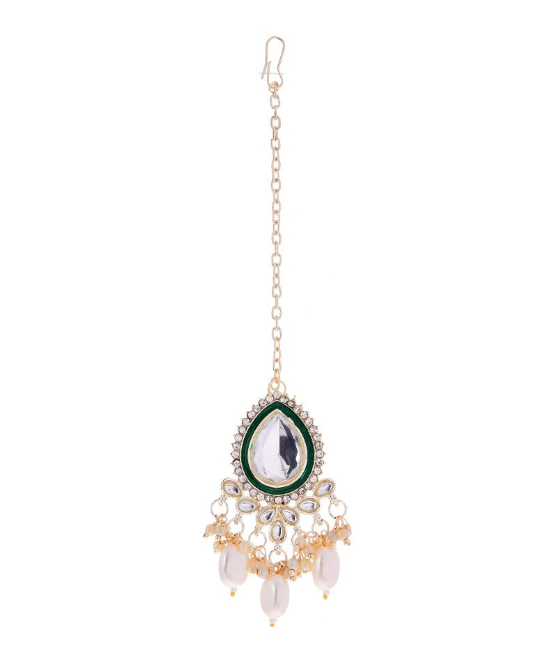 VOJ Gold-Polished White Kundan Stone Studded Choker With Earrings And Maang Tikka Set