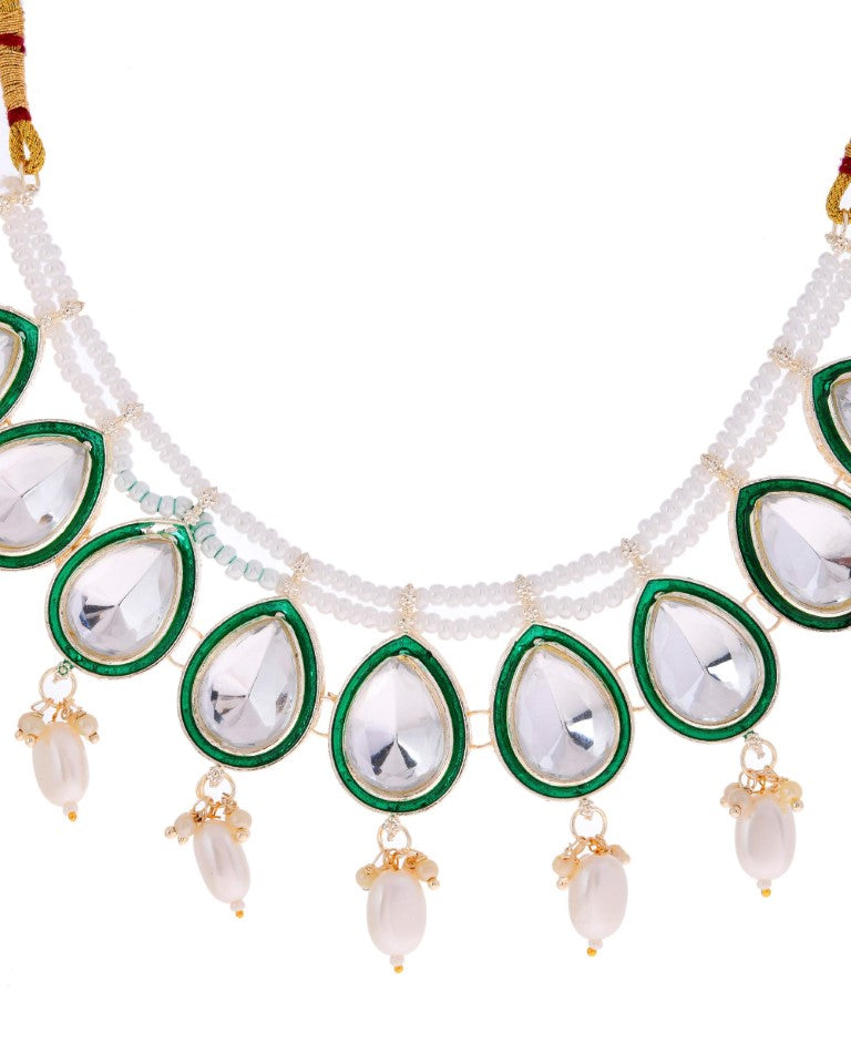 VOJ Gold-Polished White Kundan Stone Studded Choker With Earrings And Maang Tikka Set