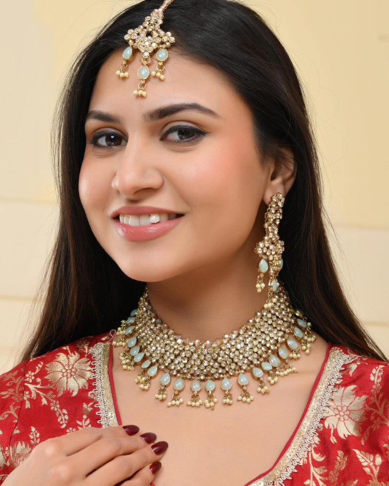 VOJ Gold And Sea Green Stone Studded Classic Choker Set