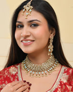 VOJ Gold And Sea Green Stone Studded Classic Choker Set