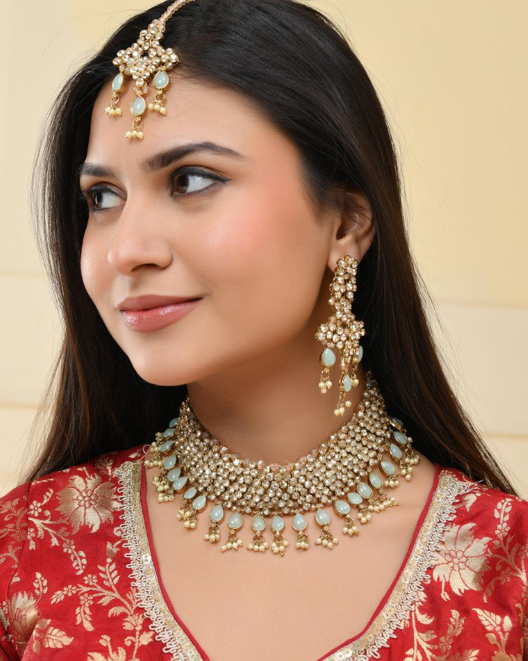 VOJ Gold And Sea Green Stone Studded Classic Choker Set
