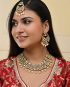 VOJ Gold-Polished Stone Studded Designer Choker With Earrings And Maang Tikka Set