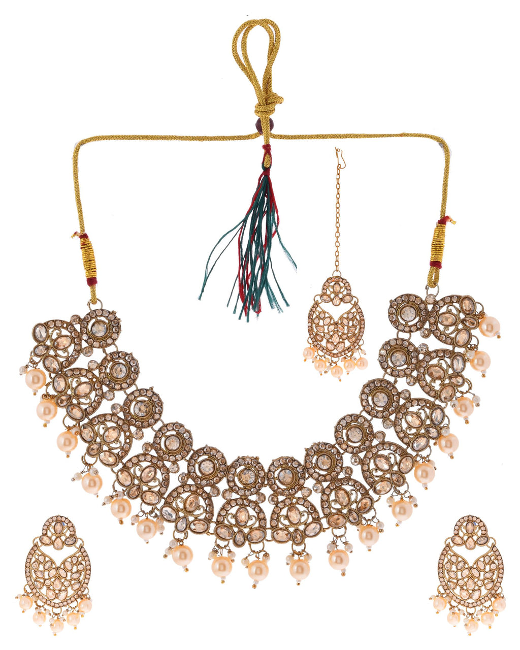 VOJ Gold-Polished Stone Studded Designer Choker With Earrings And Maang Tikka Set