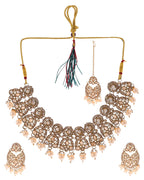 VOJ Gold-Polished Stone Studded Designer Choker With Earrings And Maang Tikka Set