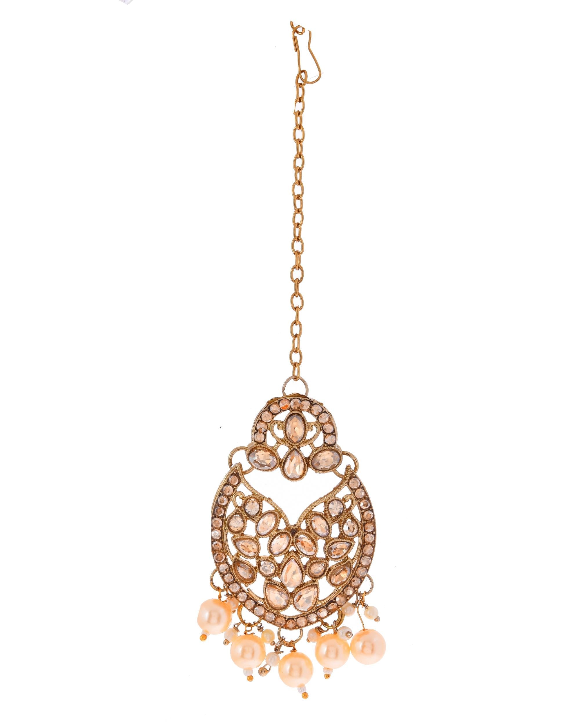 VOJ Gold-Polished Stone Studded Designer Choker With Earrings And Maang Tikka Set