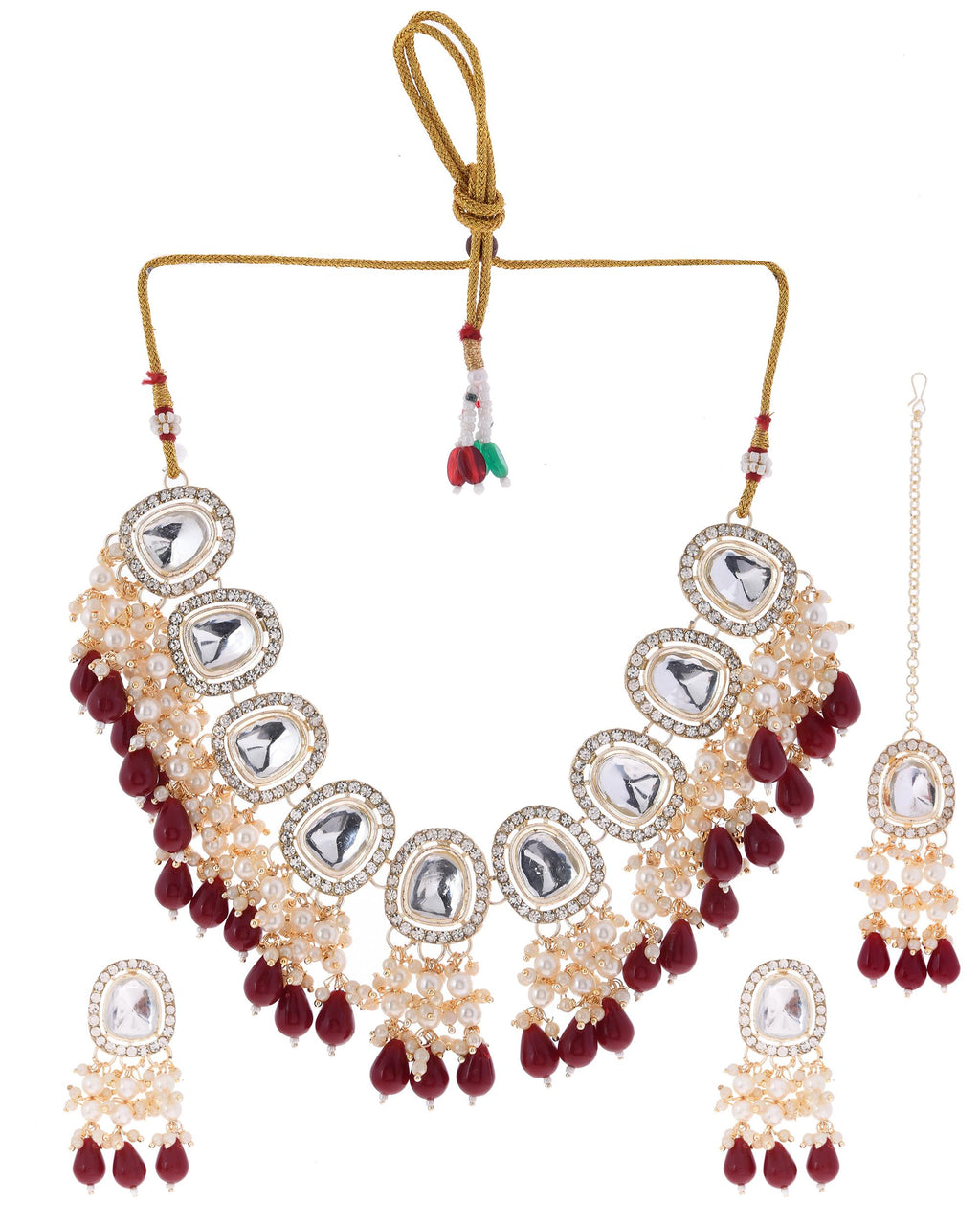 VOJ Kundan Stone And Maroon Beaded Studded Gold-Polished Jewellery Set