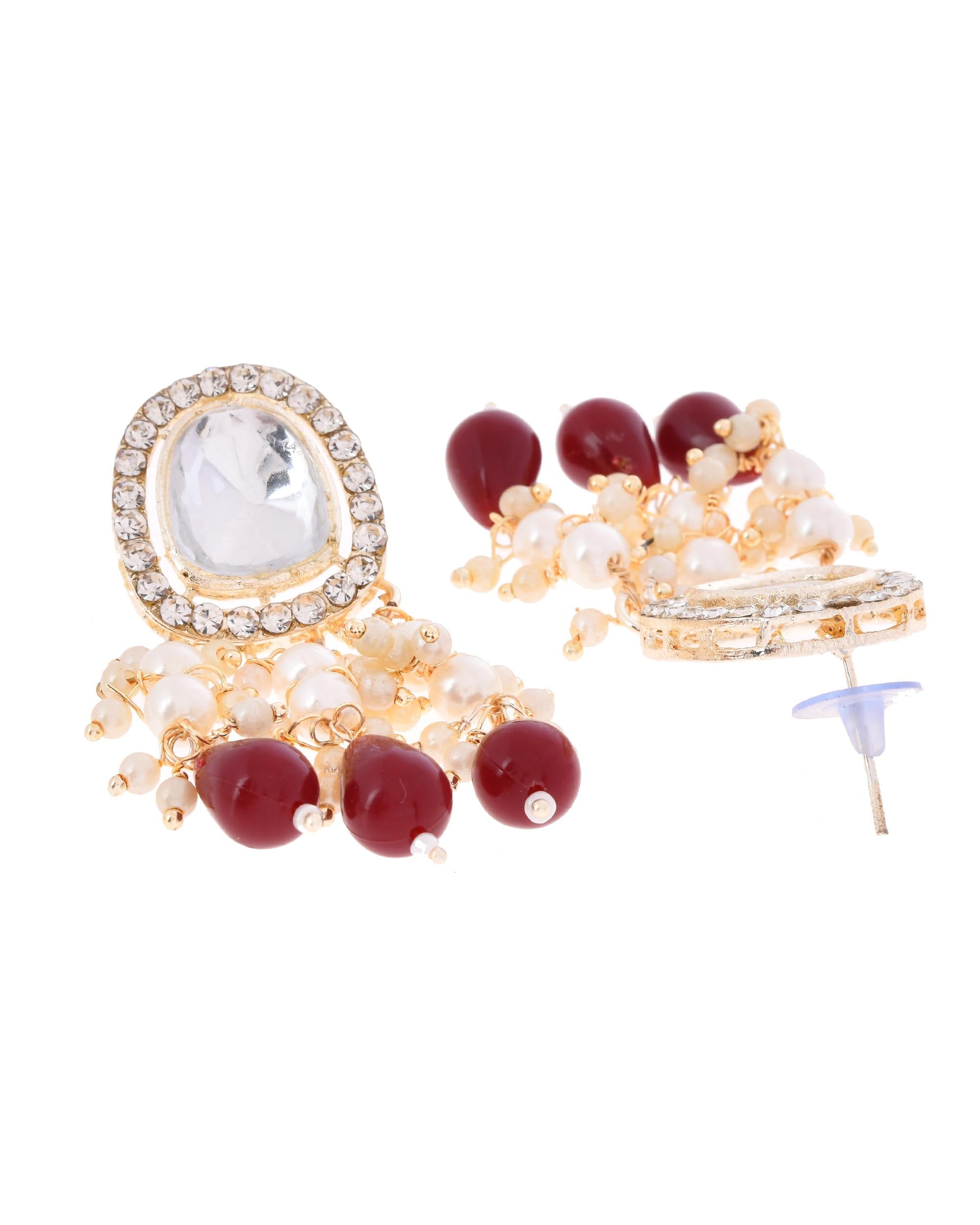 VOJ Kundan Stone And Maroon Beaded Studded Gold-Polished Jewellery Set