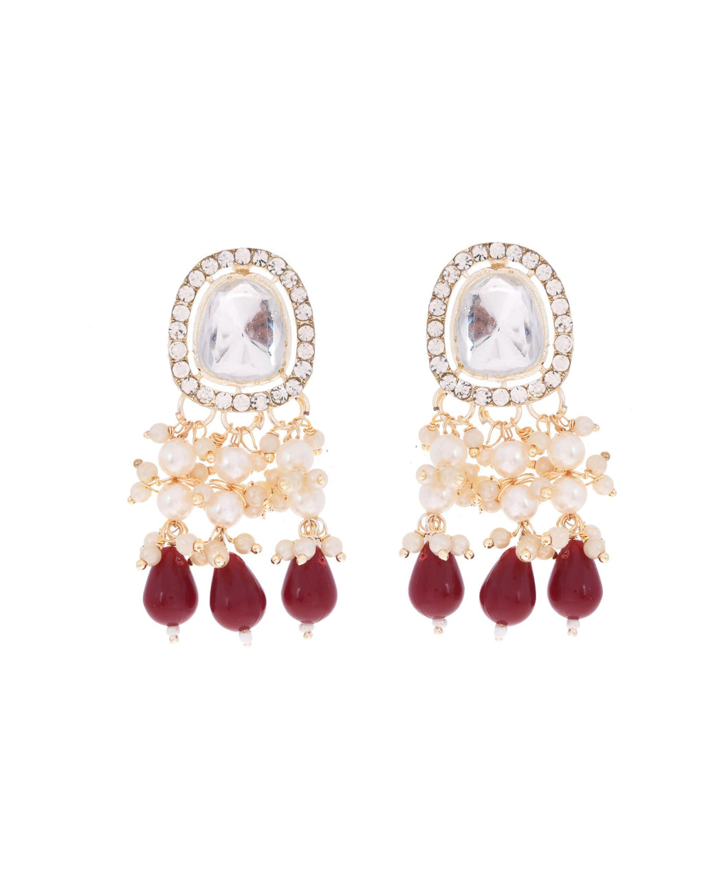 VOJ Kundan Stone And Maroon Beaded Studded Gold-Polished Jewellery Set