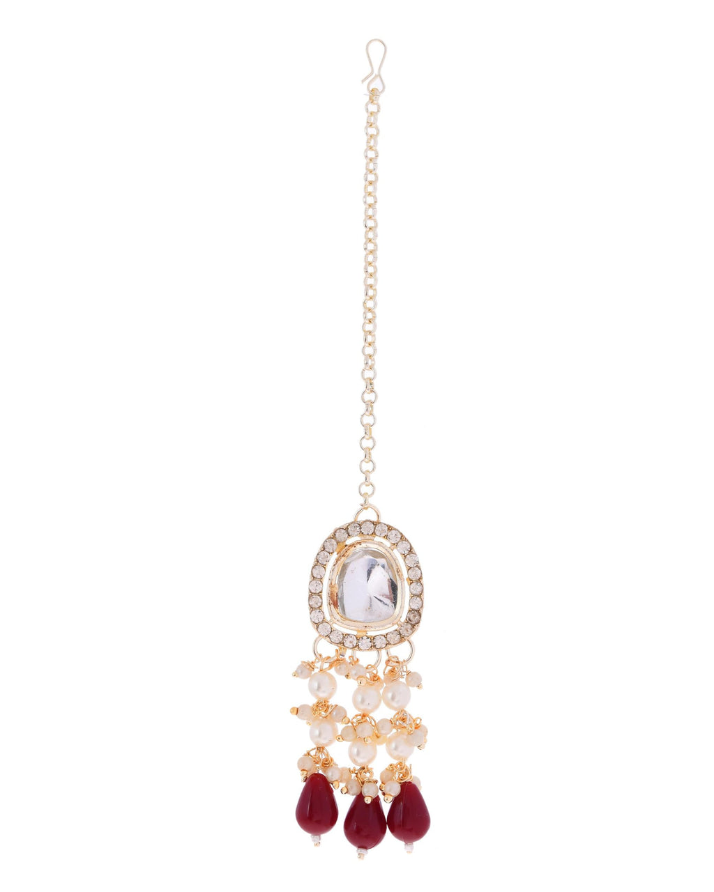 VOJ Kundan Stone And Maroon Beaded Studded Gold-Polished Jewellery Set