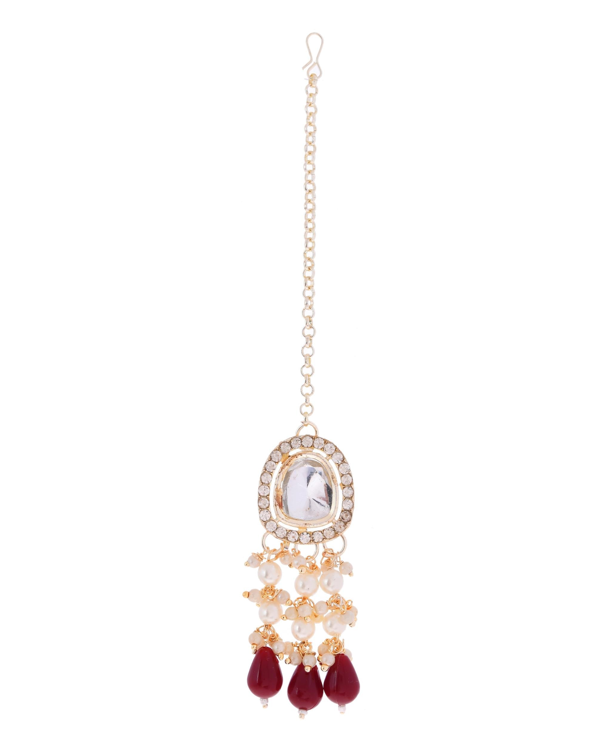 VOJ Kundan Stone And Maroon Beaded Studded Gold-Polished Jewellery Set