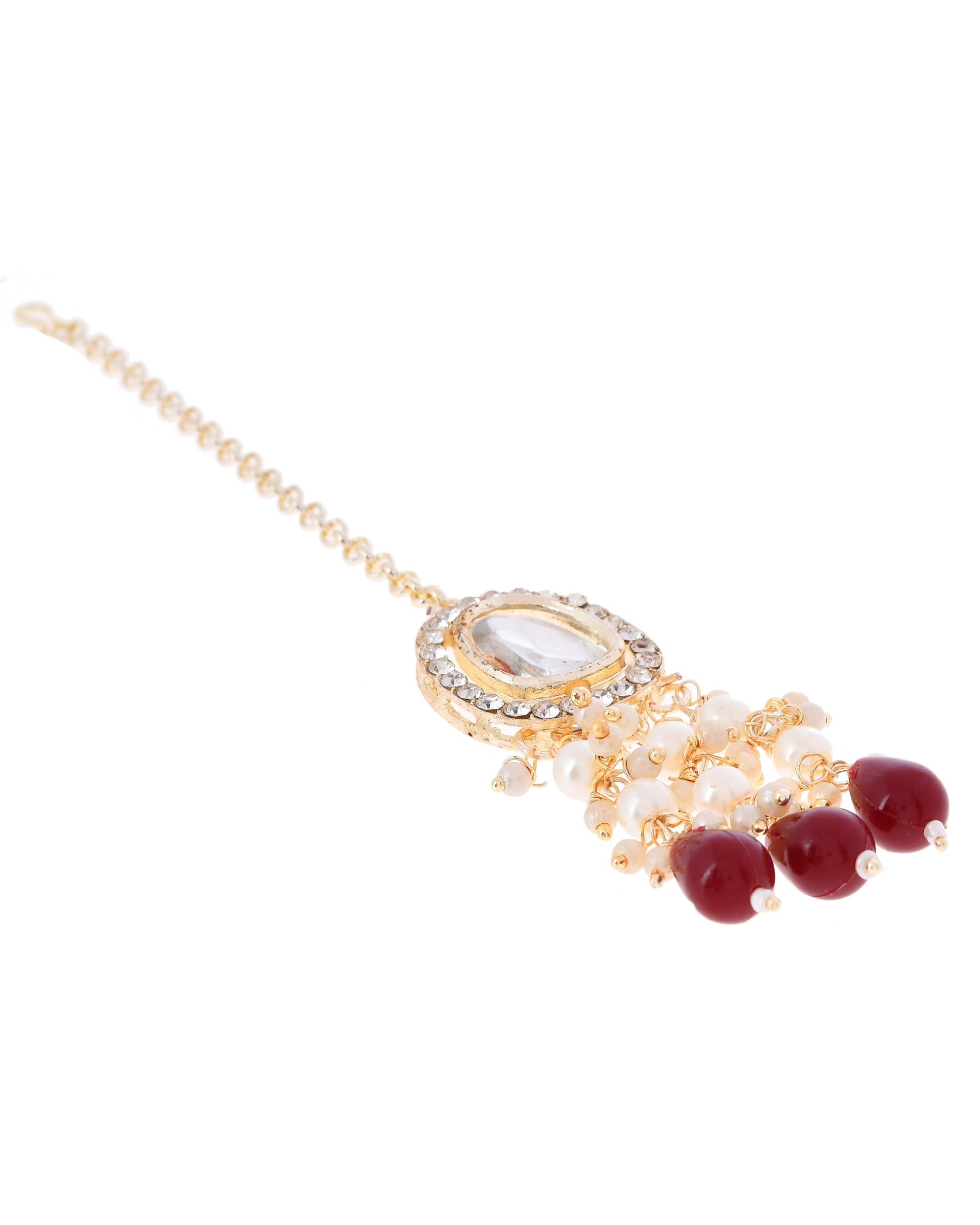 VOJ Kundan Stone And Maroon Beaded Studded Gold-Polished Jewellery Set
