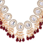 VOJ Kundan Stone And Maroon Beaded Studded Gold-Polished Jewellery Set