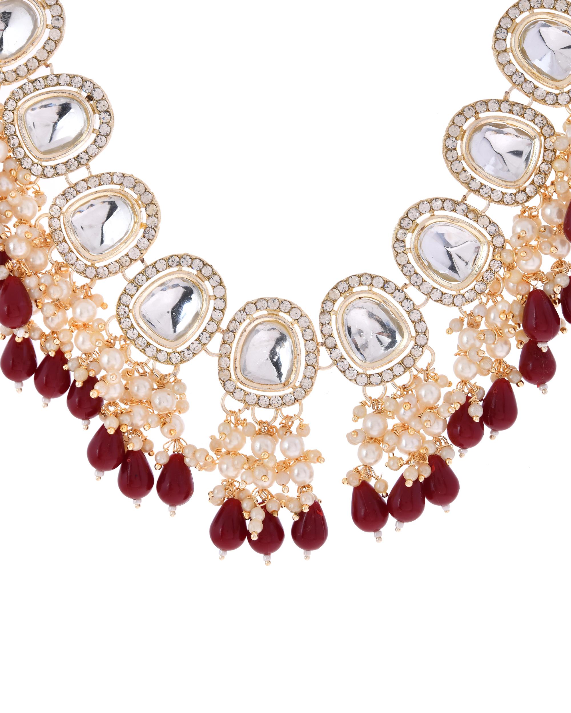 VOJ Kundan Stone And Maroon Beaded Studded Gold-Polished Jewellery Set