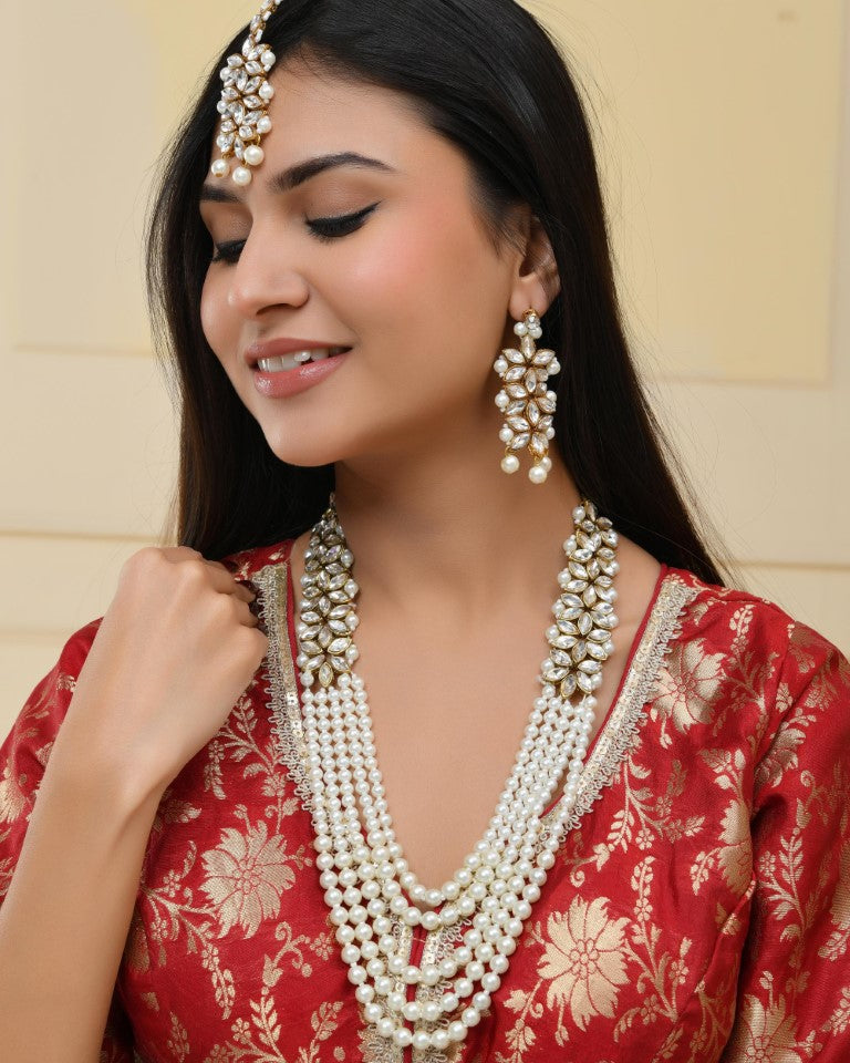 VOJ Pearl And Kundan Studded Long Necklace With Earrings And Maang Tikka Set