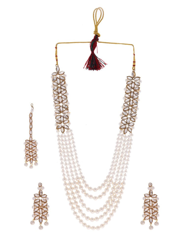 VOJ Pearl And Kundan Studded Long Necklace With Earrings And Maang Tikka Set