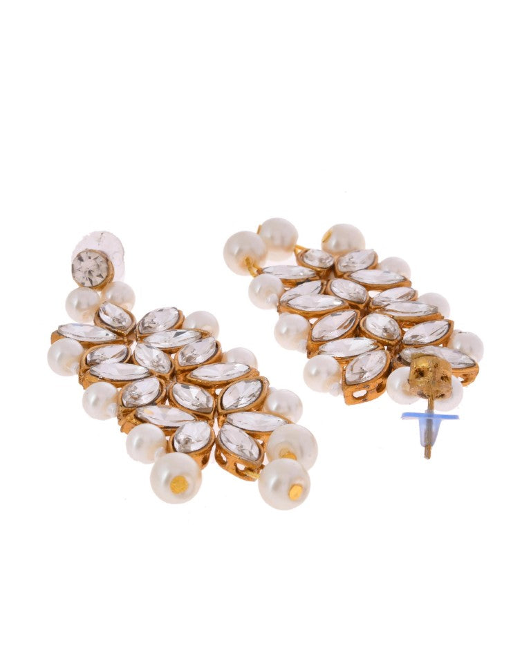 VOJ Pearl And Kundan Studded Long Necklace With Earrings And Maang Tikka Set