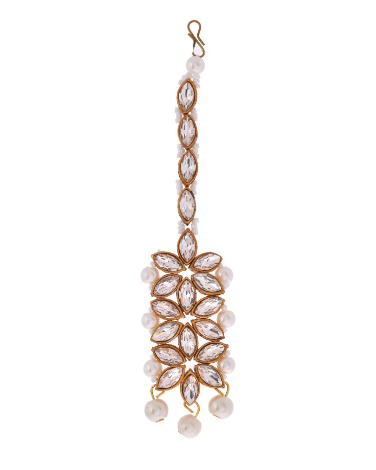 VOJ Pearl And Kundan Studded Long Necklace With Earrings And Maang Tikka Set