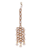 VOJ Pearl And Kundan Studded Long Necklace With Earrings And Maang Tikka Set