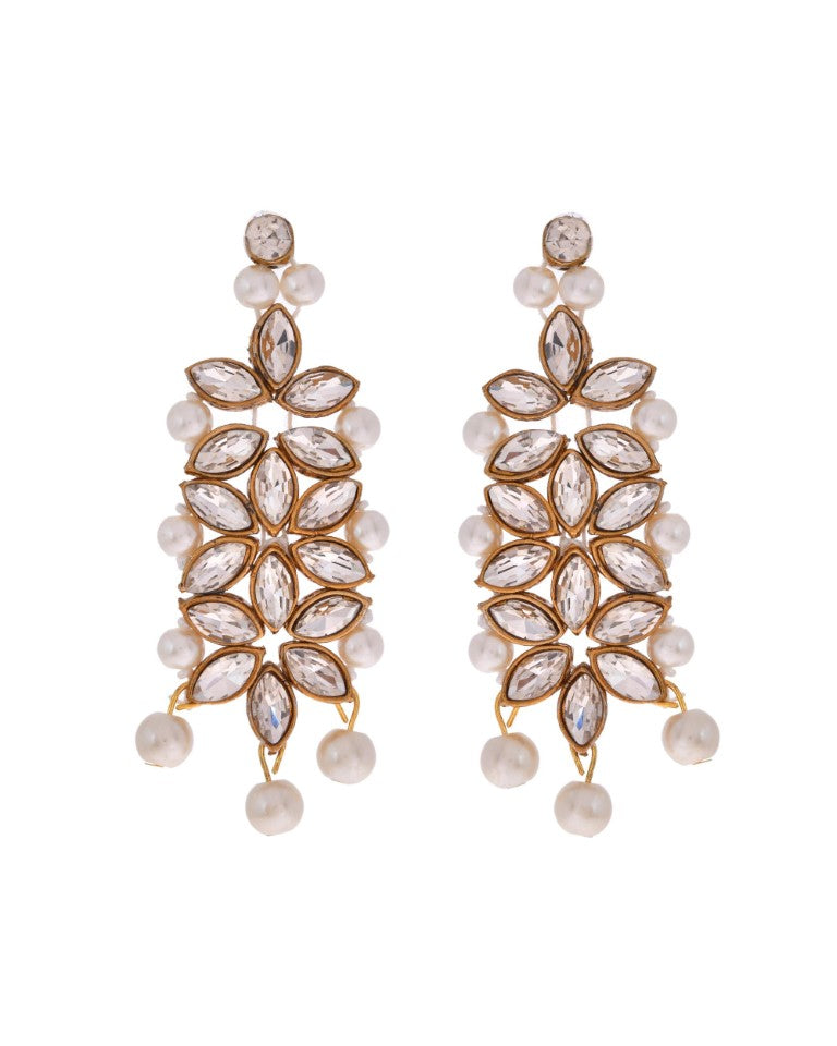 VOJ Pearl And Kundan Studded Long Necklace With Earrings And Maang Tikka Set