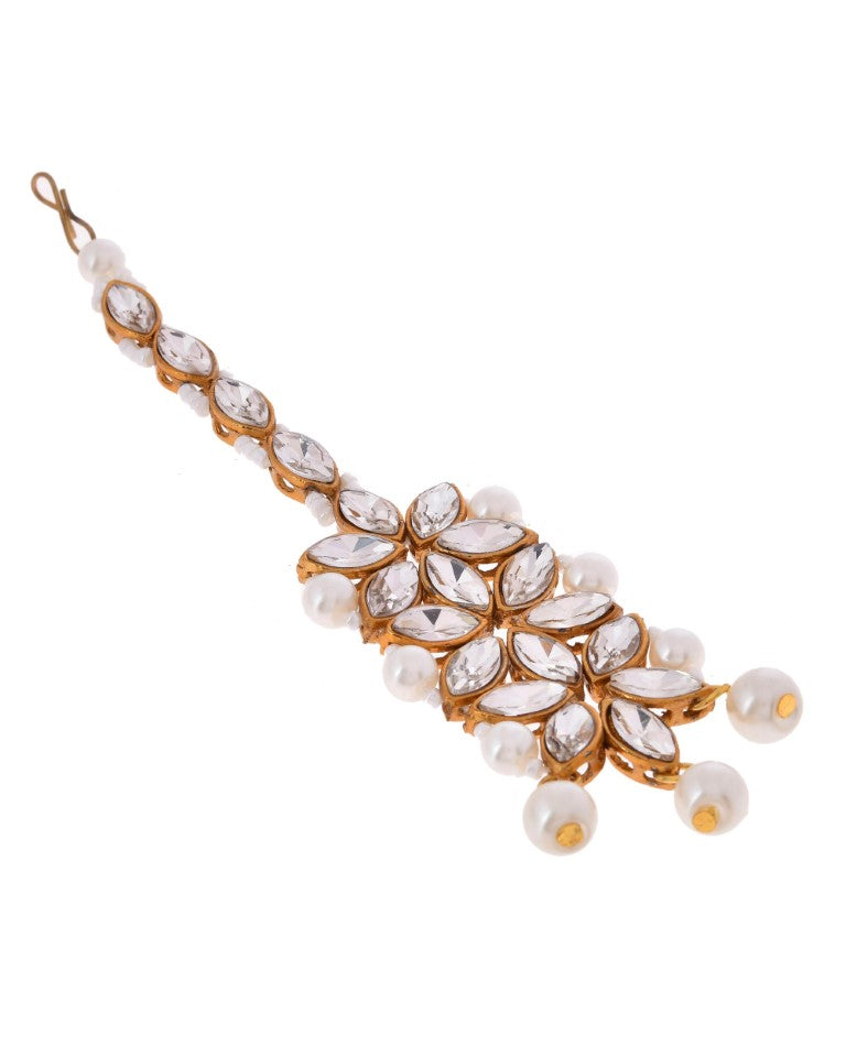 VOJ Pearl And Kundan Studded Long Necklace With Earrings And Maang Tikka Set