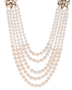 VOJ Pearl And Kundan Studded Long Necklace With Earrings And Maang Tikka Set