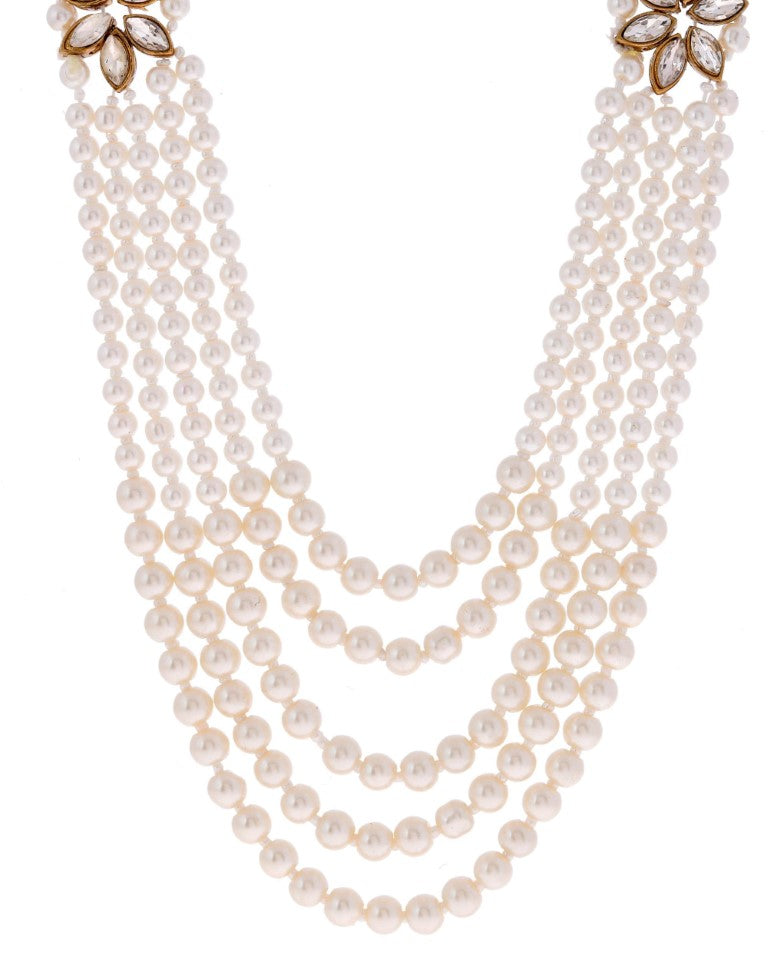 VOJ Pearl And Kundan Studded Long Necklace With Earrings And Maang Tikka Set