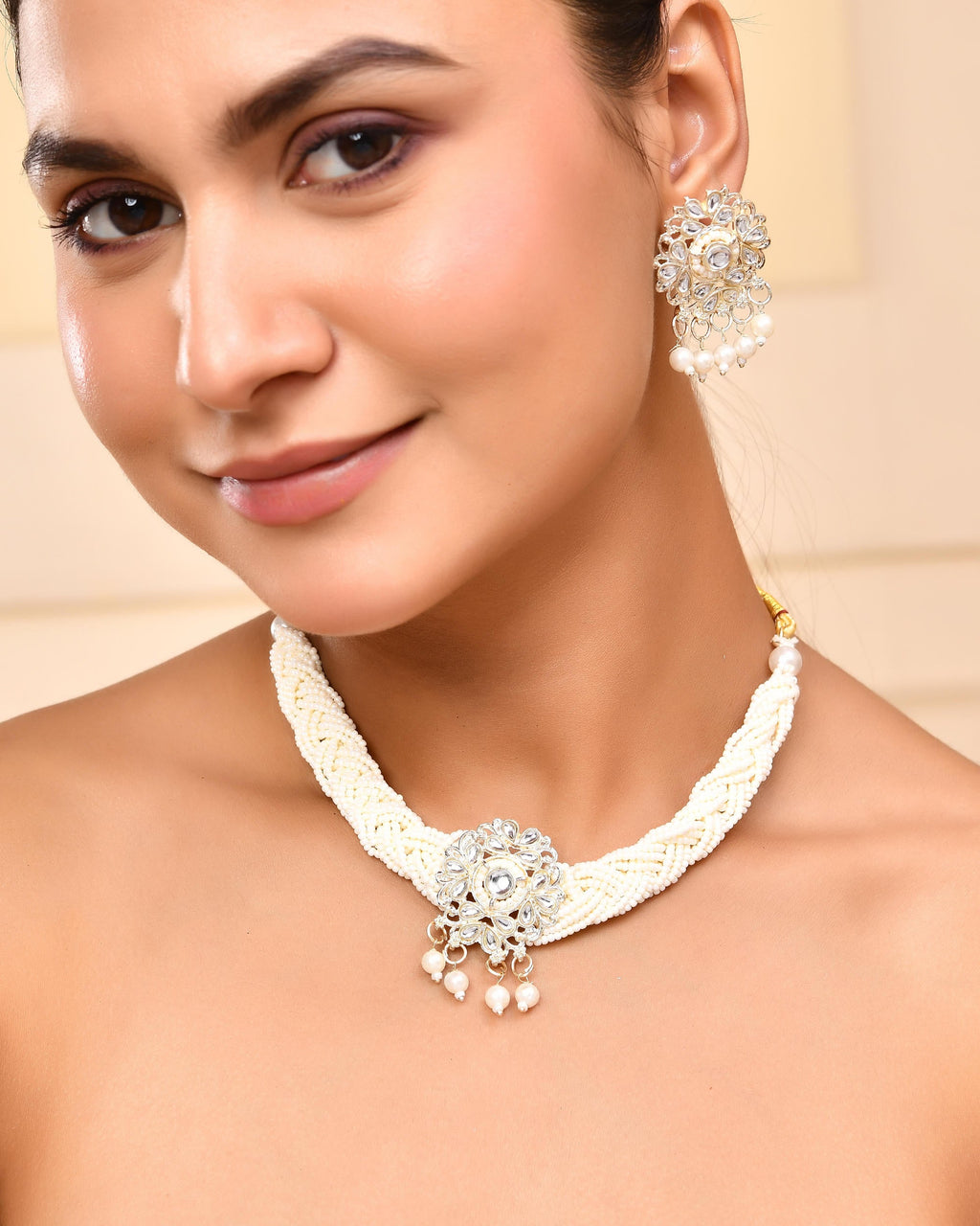VOJ Kundan with Pearl Studded Choker Necklace With Earrings Set