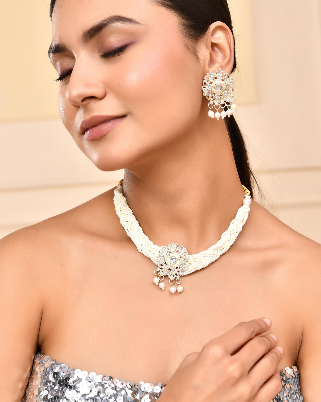 VOJ Kundan with Pearl Studded Choker Necklace With Earrings Set