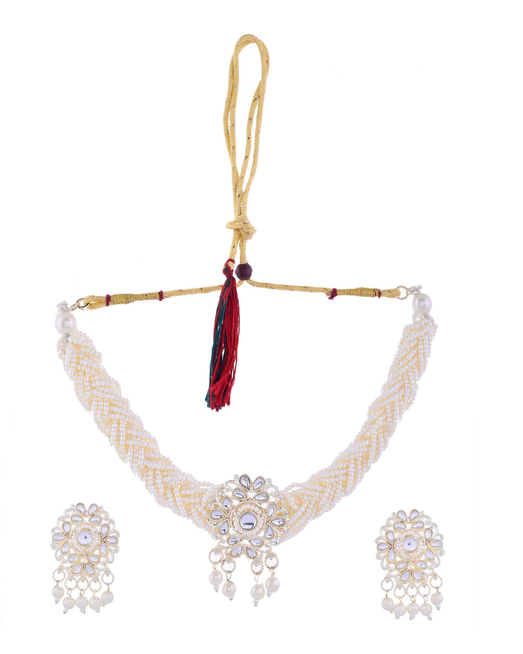 VOJ Kundan with Pearl Studded Choker Necklace With Earrings Set