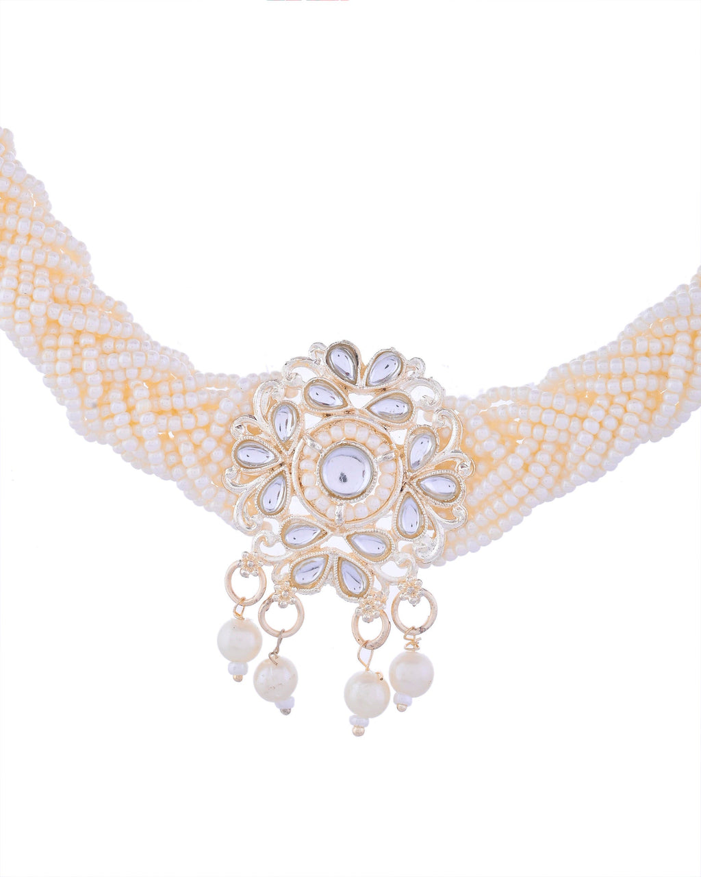 VOJ Kundan with Pearl Studded Choker Necklace With Earrings Set