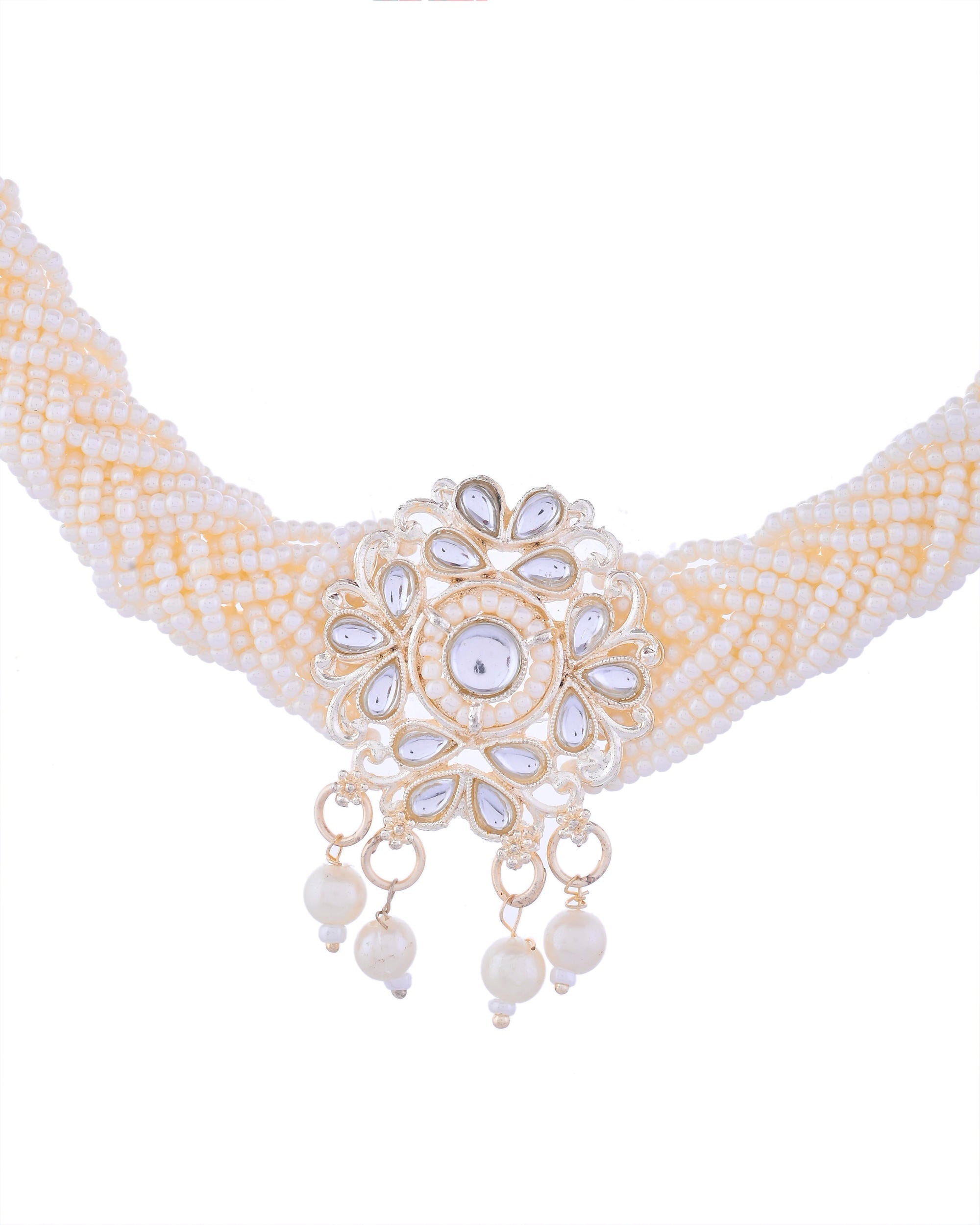 VOJ Kundan with Pearl Studded Choker Necklace With Earrings Set