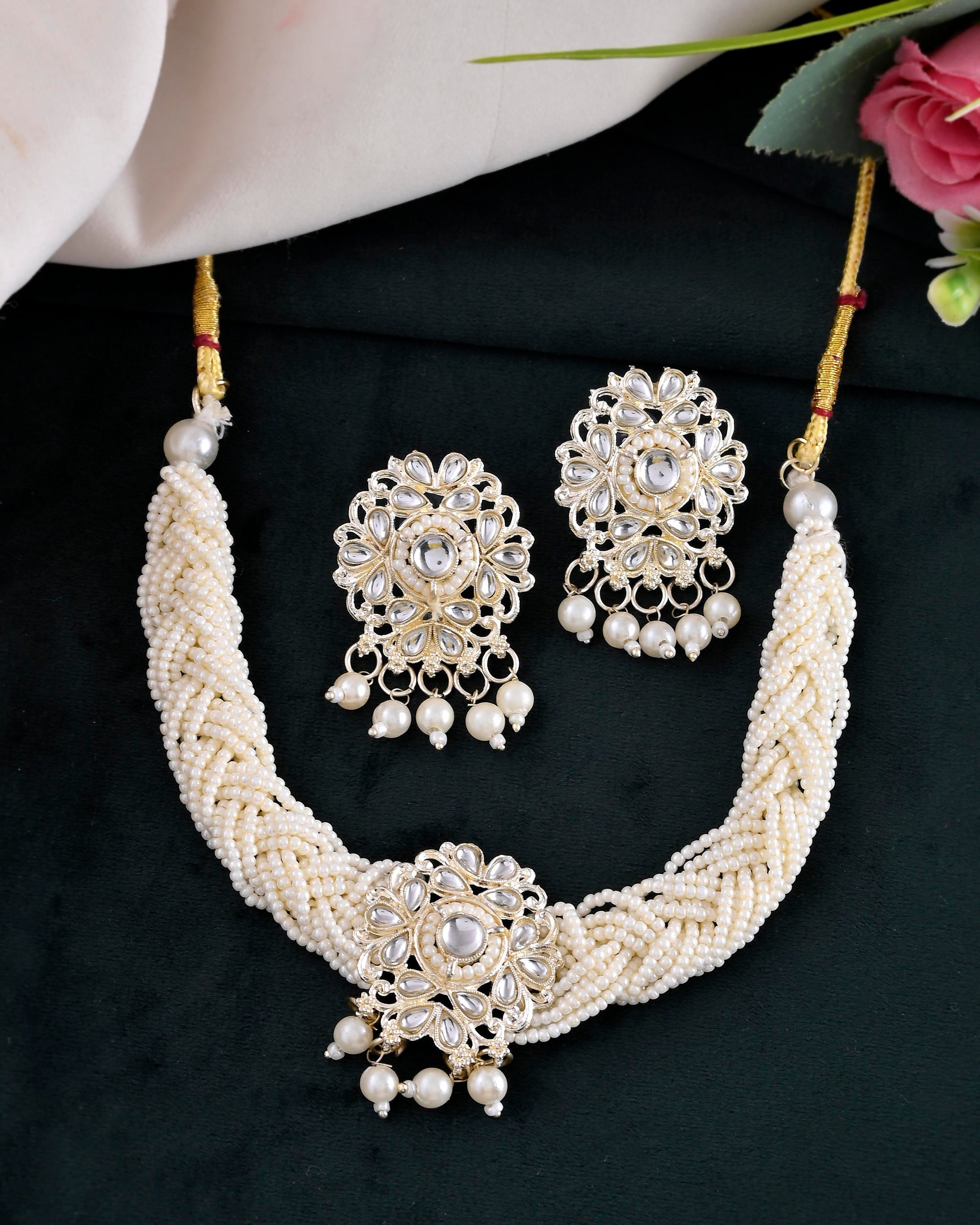 VOJ Kundan with Pearl Studded Choker Necklace With Earrings Set