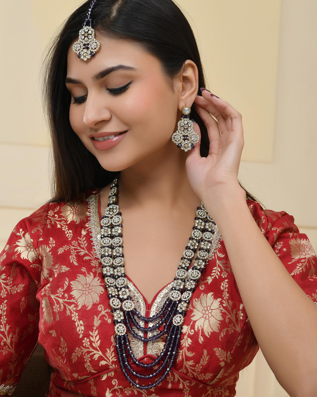 VOJ Purple Beaded With Stone Studded Long Jewellery Set