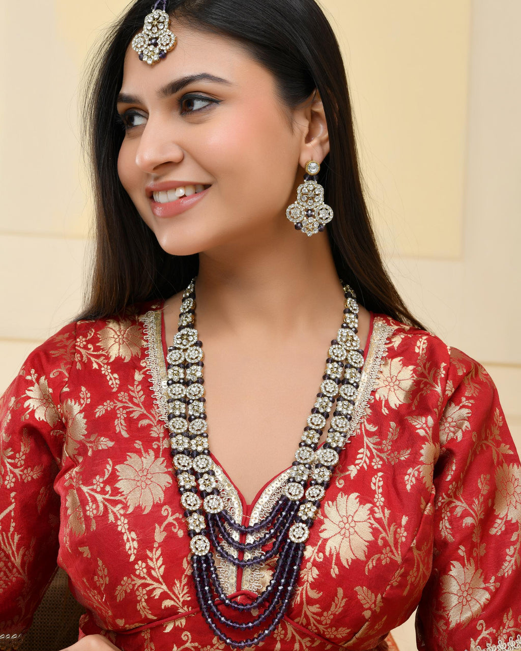 VOJ Purple Beaded With Stone Studded Long Jewellery Set