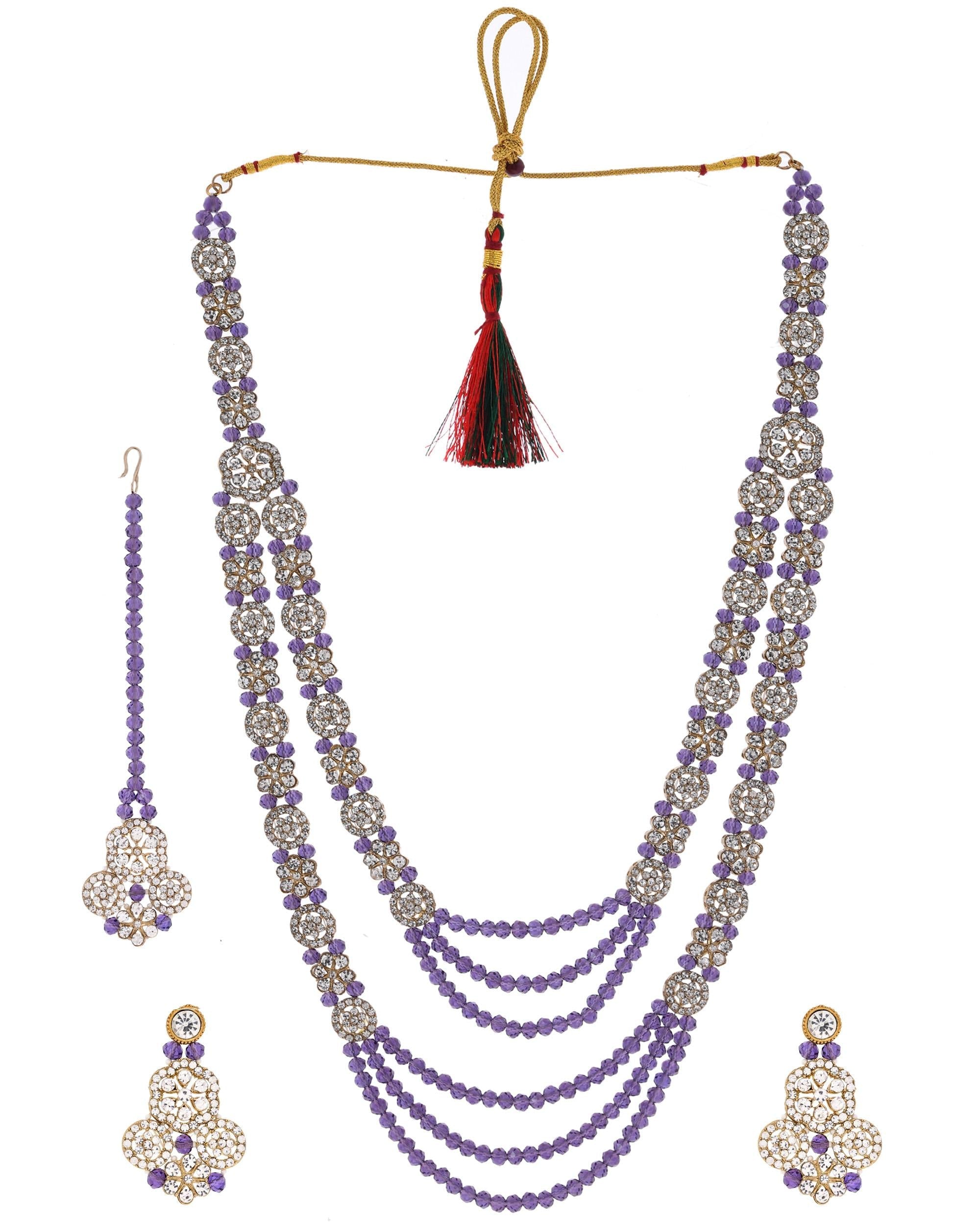 VOJ Purple Beaded With Stone Studded Long Jewellery Set