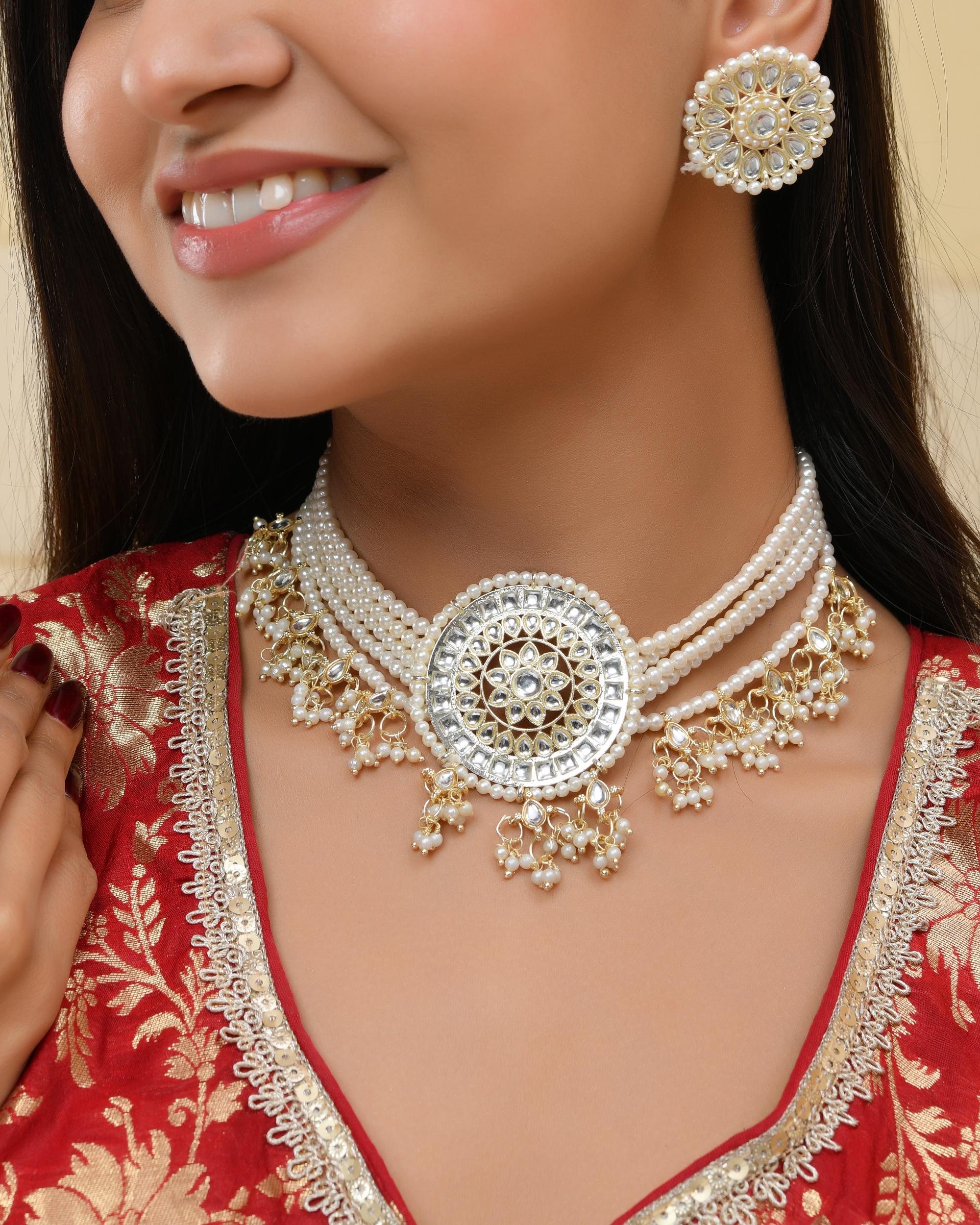 VOJ Gold-Polished Kundan Studded Choker Jewellery Set