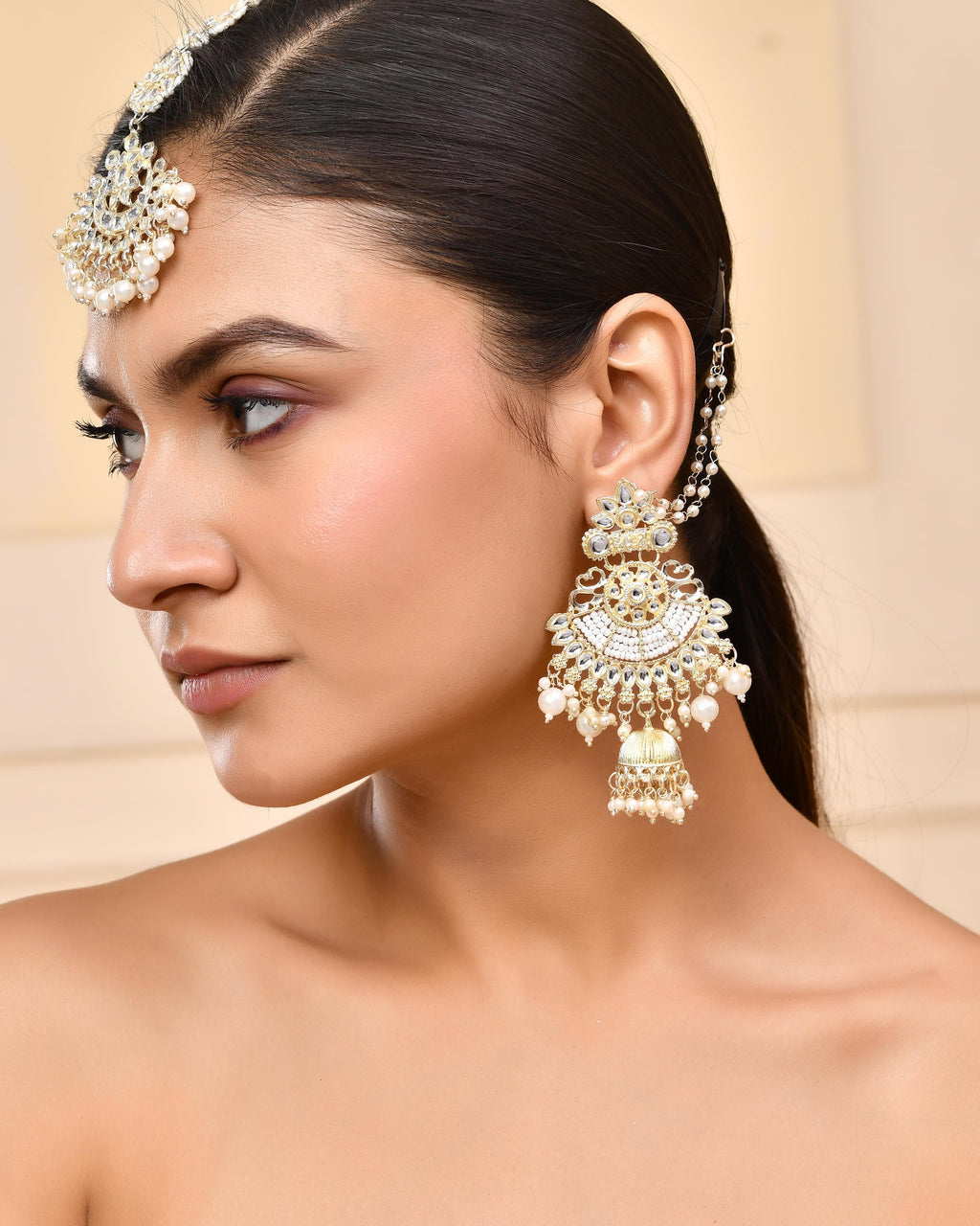 VOJ Gold-Polished Kundan Studded Earrings with Maang Tikka - Distacart