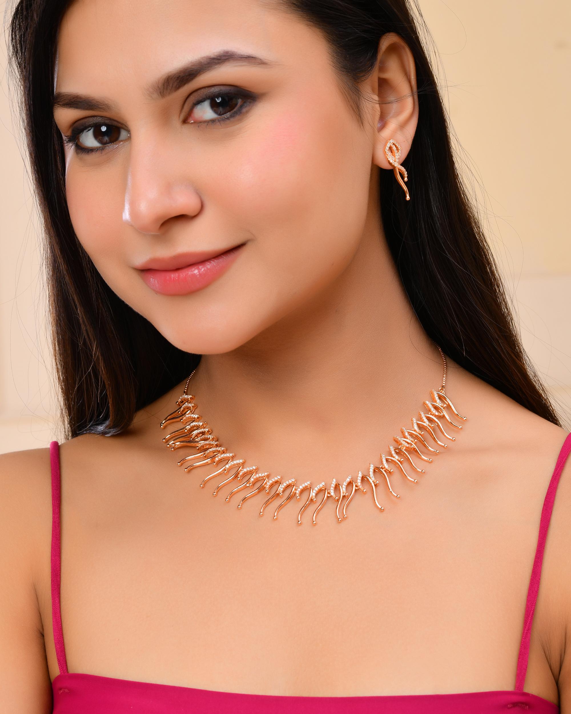 VOJ Ad Stone Studded Designer Gold-Polished Jewellery Set