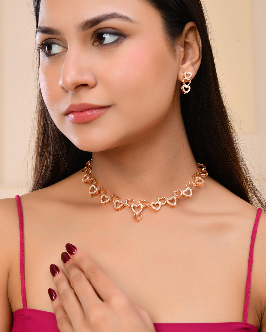 VOJ Ad Stone Studded Heart Shaped Designer Gold-Polished Jewellery Set