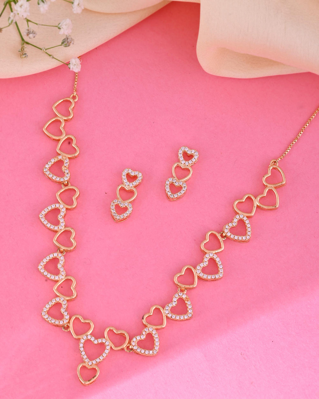 VOJ Ad Stone Studded Heart Shaped Designer Gold-Polished Jewellery Set