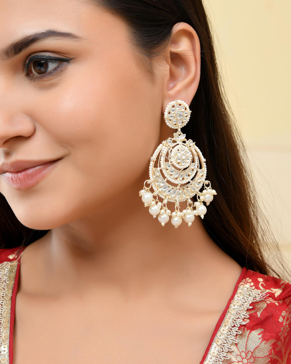 VOJ Gold-Polished Kundan And Pearl Studded Circular Earrings - Distacart