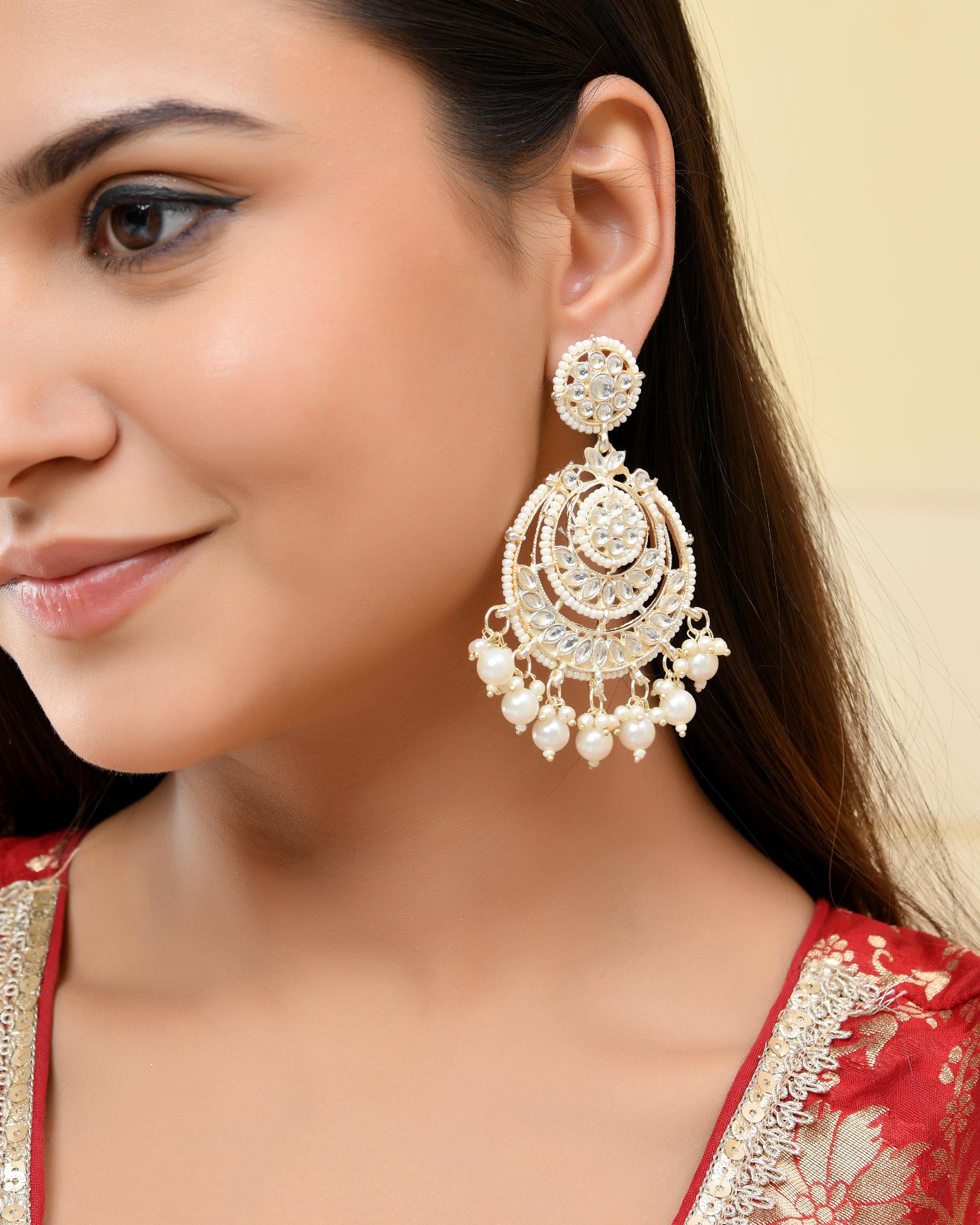 VOJ Gold-Polished Kundan And Pearl Studded Circular Earrings - Distacart