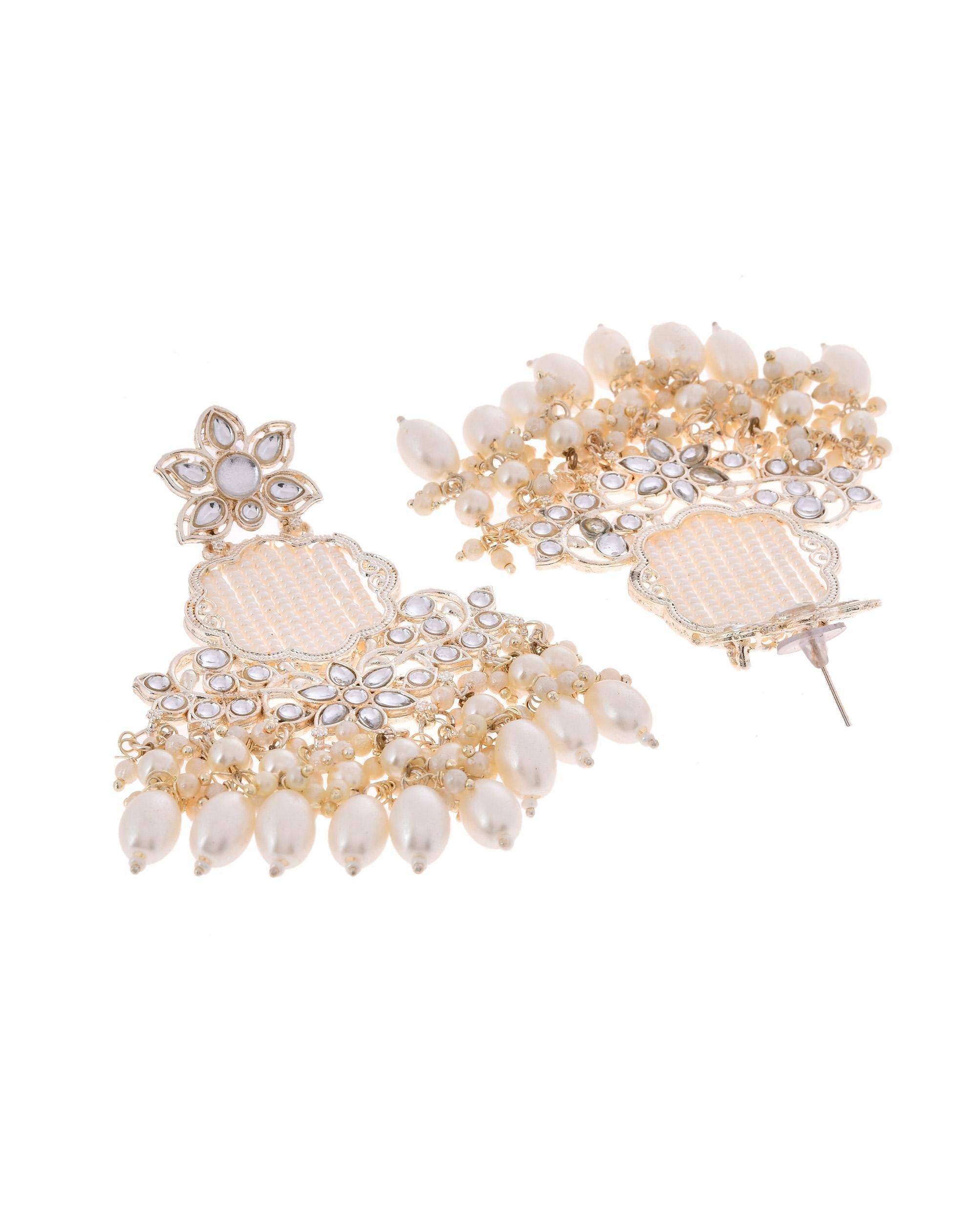 VOJ Gold-Polished Kundan Studded Pearl Drop Earrings - Distacart