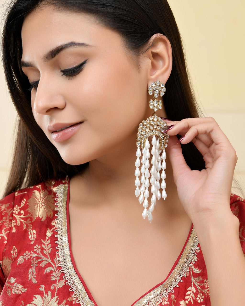 VOJ Kundan Studded White Pearl Long Drop Earrings - Distacart