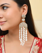 VOJ Kundan Studded White Pearl Long Drop Earrings - Distacart