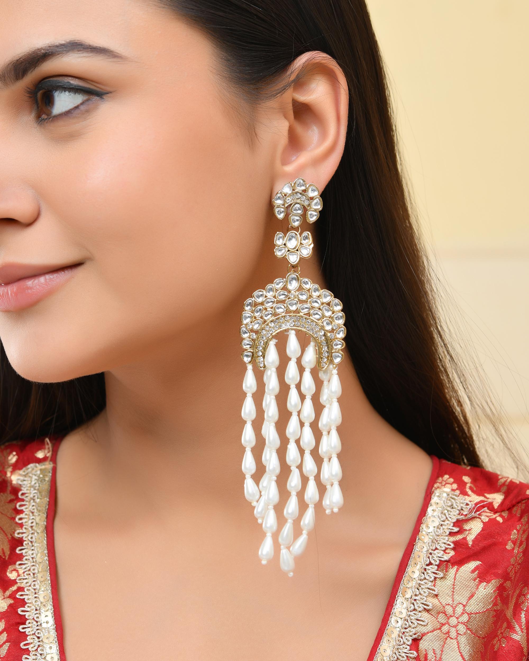 VOJ Kundan Studded White Pearl Long Drop Earrings - Distacart