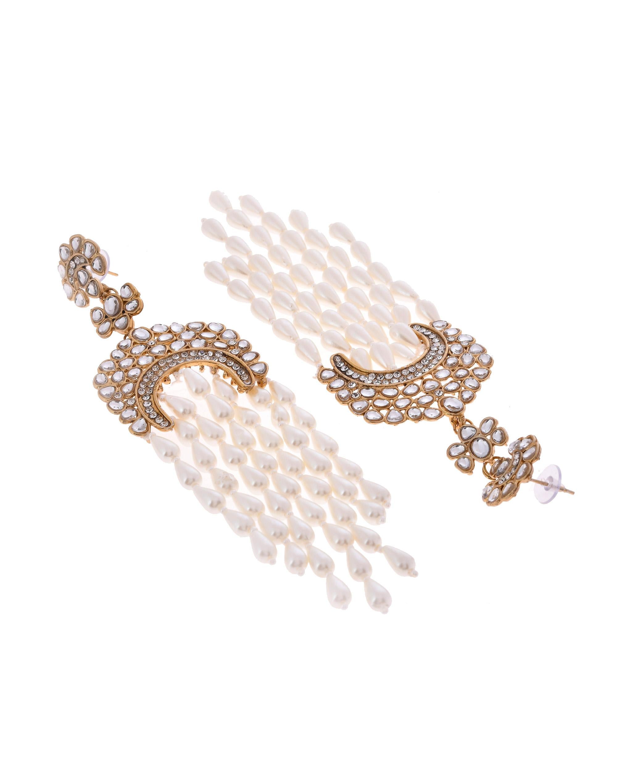 VOJ Kundan Studded White Pearl Long Drop Earrings - Distacart